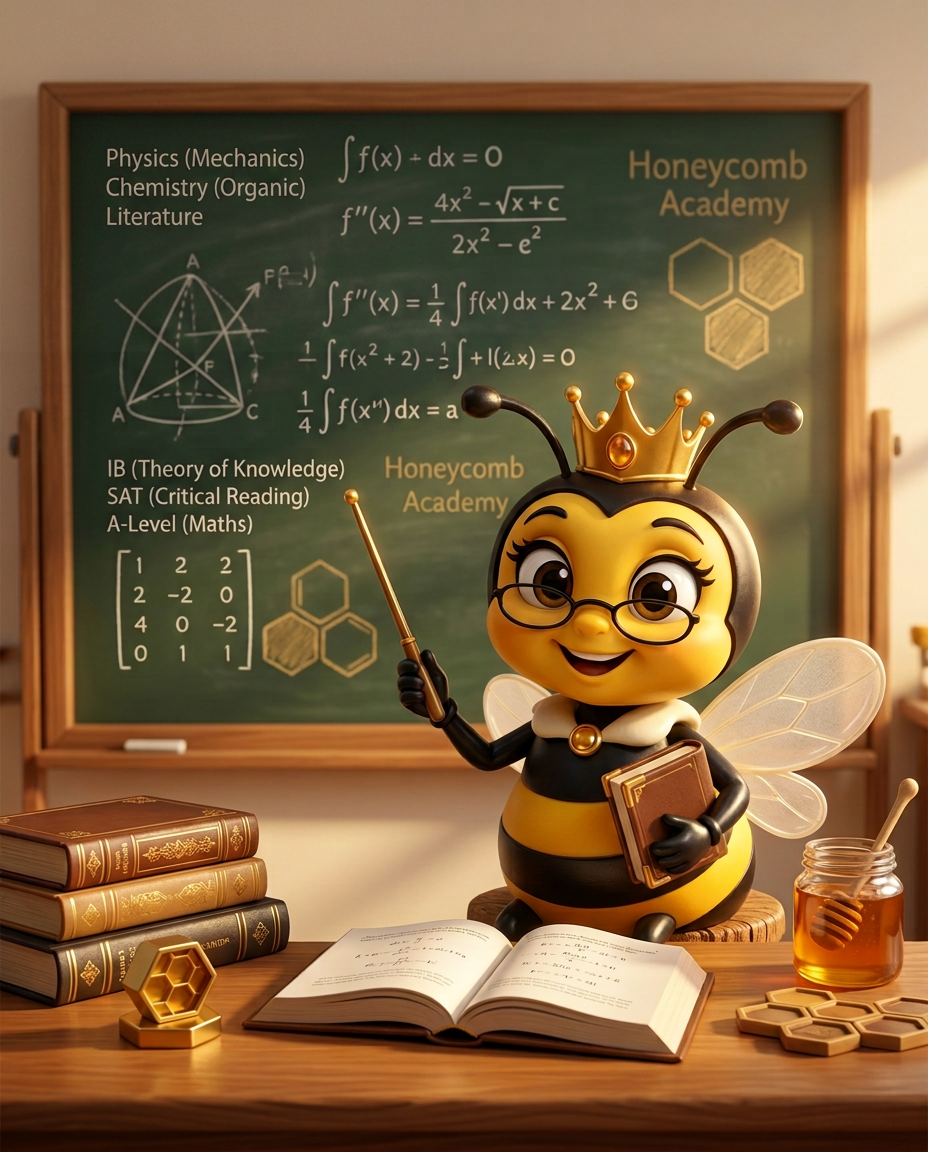 The Queen Bee mascot at a sunlit tutor's desk with books, chalkboard formulas and a jar of honey